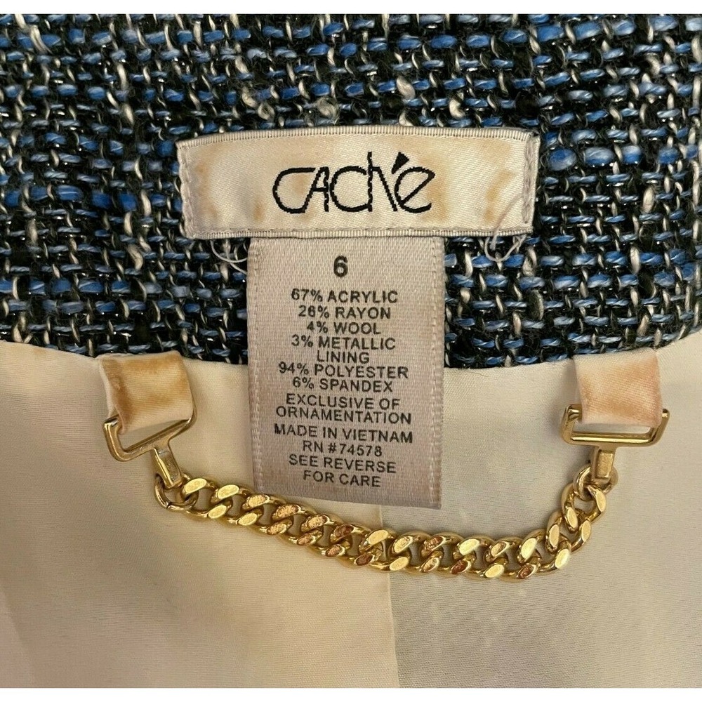 Vintage Cache Womens Multi Pocket Jacket Size 6 Blue Metallic Woven Tweed Blend - Picture 2 of 13